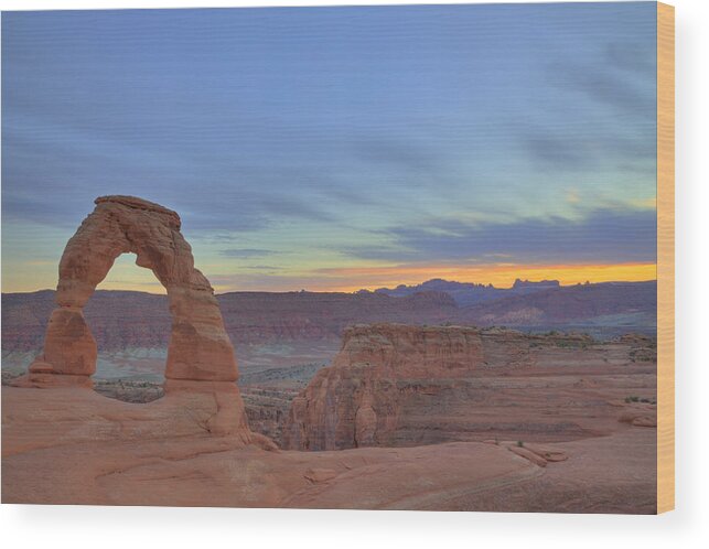 Rock Wood Print featuring the photograph Delicate Arch at Sunset by Alan Vance Ley