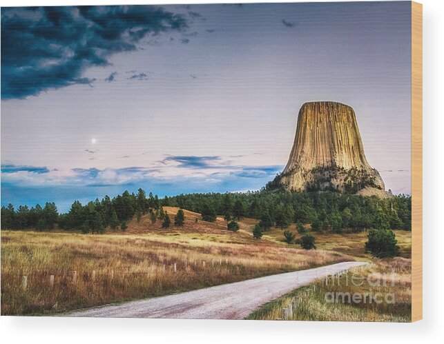 Devils Tower Wood Print featuring the photograph Devils Tower at Sunset and Moonrise by Sophie Doell