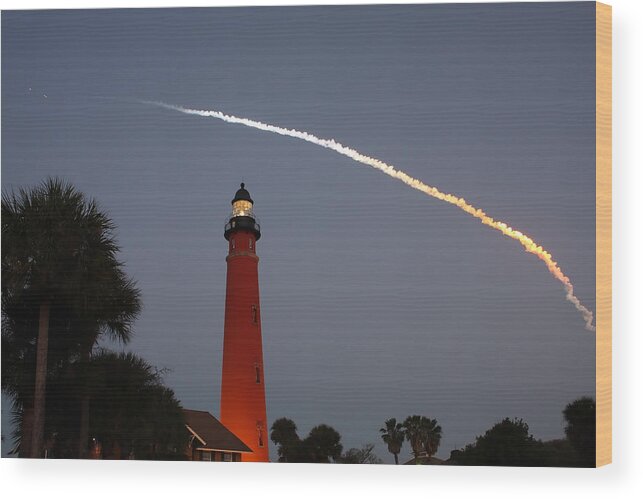 Space Wood Print featuring the photograph Discovery Booster Separation over Ponce Inlet Lighthouse by Paul Rebmann