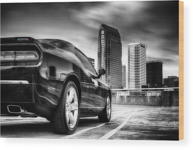 City Wood Print featuring the photograph Dodge Challenger Tampa Skyline by Michael White
