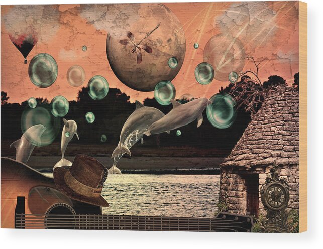 Surrealism Wood Print featuring the mixed media Dolphin Dreams by Ally White