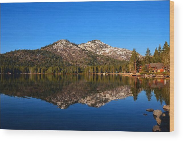 Donner Lake Ca Wood Print featuring the photograph Donner Lake Cabin Reflection by Marilyn MacCrakin