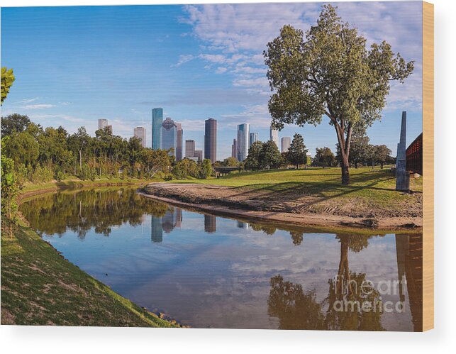 Downtown Wood Print featuring the photograph Downtown Houston Panorama from Buffalo Bayou Park by Silvio Ligutti