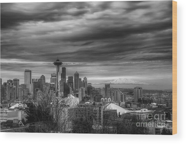 Seattle Wood Print featuring the photograph Downtown Seattle Black and White by Eddie Yerkish