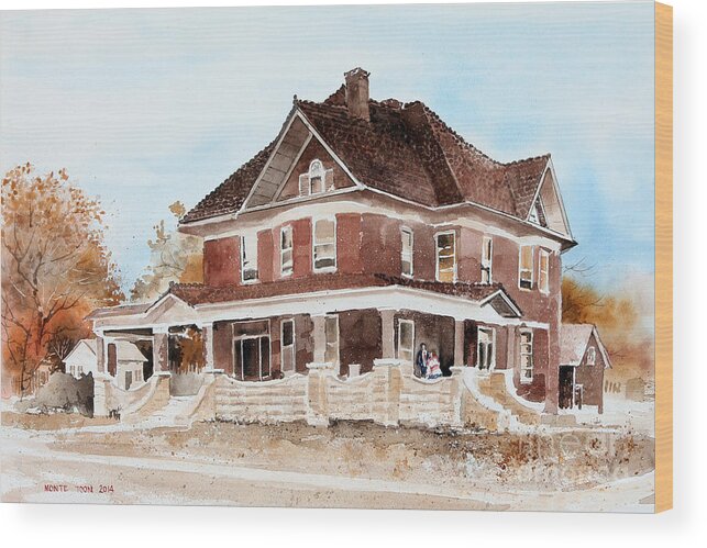 A Beautiful Two-story Home With A Majestic Front Porch Once Stood In Coffeyville Wood Print featuring the painting Dr. Hall Residence by Monte Toon
