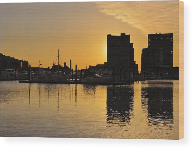Dramatic Wood Print featuring the photograph Dramatic Golden Sunrise Baltimore Inner Harbor by Marianne Campolongo