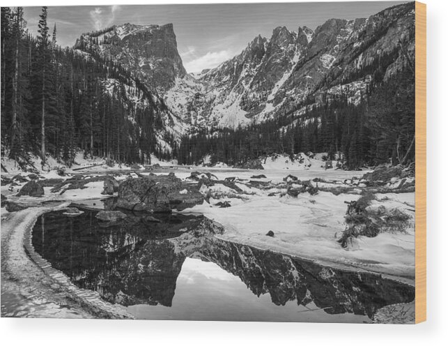Colorado Wood Print featuring the photograph Dream Lake Reflection Black and White by Aaron Spong