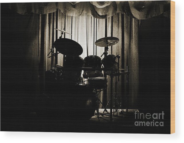On Stage Wood Print featuring the photograph Drum Set On Stage Photograph Combo Jazz Sepia 3234.01 by M K Miller