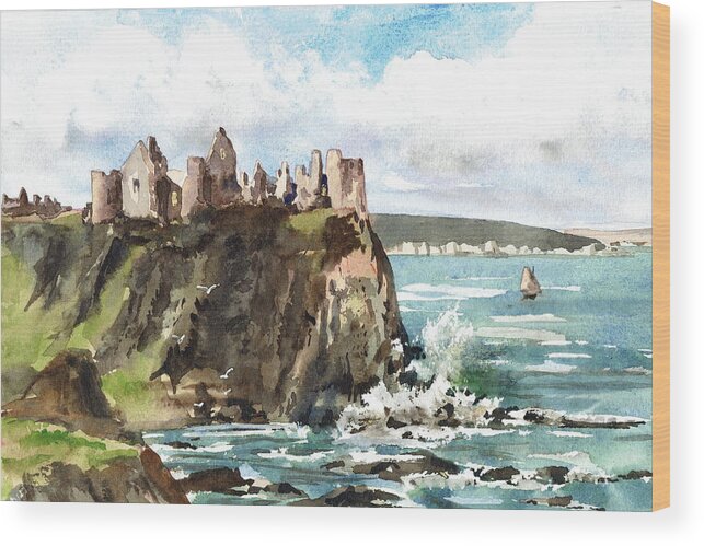Val Byrne Wood Print featuring the painting Dunluce Castle Antrim N I by Val Byrne