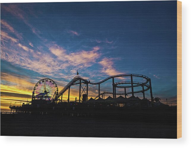 Recreational Pursuit Wood Print featuring the photograph Dusk At Santa Monica Pier by Extreme-photographer