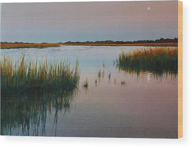 Muted Dusty Rose And Blues In A Carolina Water Scene.the Full Moon Can Be Seen Rising In The Distance Wood Print featuring the painting Dusk by Brenda Beck Fisher