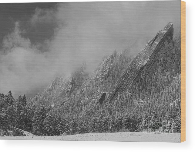 Flatirons Wood Print featuring the photograph Dusted Flatirons Low Clouds Boulder Colorado BW by James BO Insogna