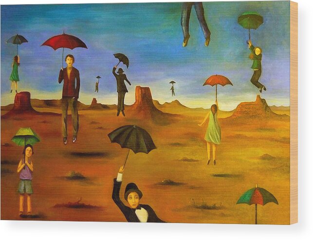 Umbrella Wood Print featuring the painting Spirit Of The Flying Umbrellas edit 4 by Leah Saulnier The Painting Maniac