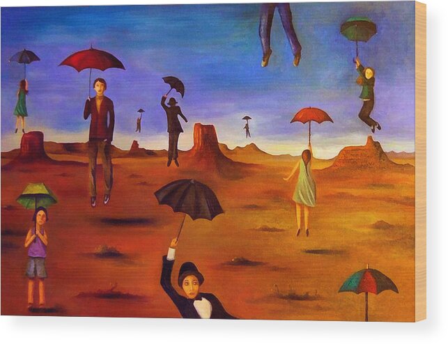 Umbrella Wood Print featuring the painting Spirit Of The Flying Umbrellas edit 5 by Leah Saulnier The Painting Maniac