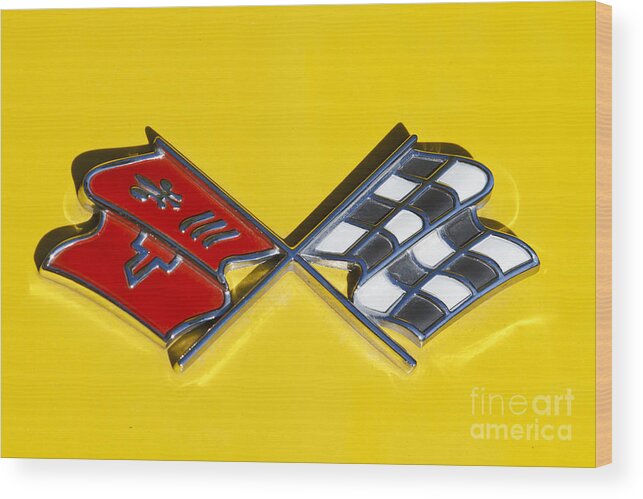 Corvette Wood Print featuring the photograph Early C3 Corvette Emblem Yellow by Dennis Hedberg