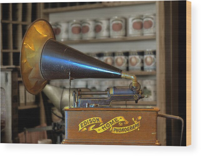 Antique Wood Print featuring the photograph Edison Home Phonograph with Morning Glory Horn by Alexandra Till