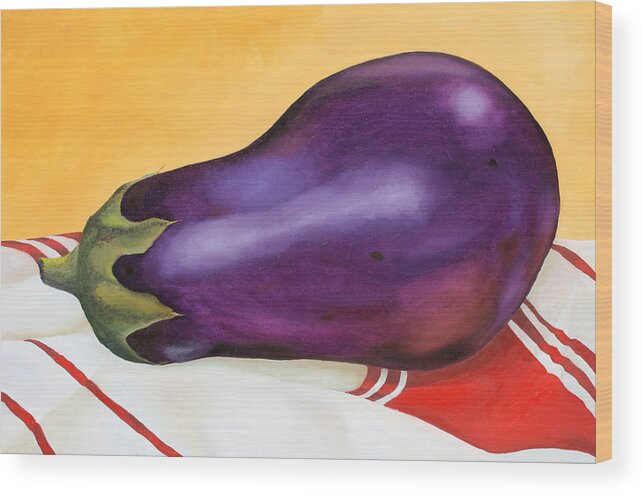 Kitchen Wood Print featuring the painting Eggplant on Dish Cloth by Donna Tucker
