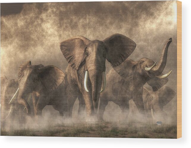 Elephant Wood Print featuring the digital art Elephant Stampede by Daniel Eskridge