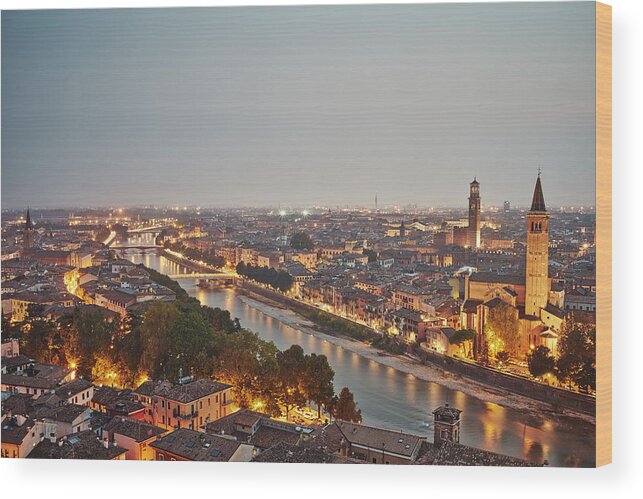 Tranquility Wood Print featuring the photograph Elevated View Of Verona, Italy, At Dusk by Gu