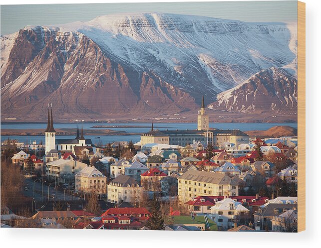 Snow Wood Print featuring the photograph Elevated View Over Reykjavik, Iceland by Travelpix Ltd