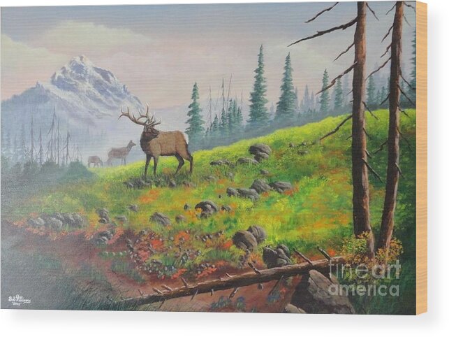 Wildlife Art Wood Print featuring the painting Elk in the Mist by Bob Williams
