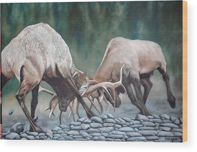 Elk Wood Print featuring the painting Face to Face by Jean Yves Crispo