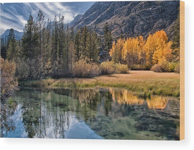 River Creek Water Reflection Fall Orange Yellow Scenic Landscape Nature Eastern Sierra Sierra Nevada California Sky Clouds Mountains Wood Print featuring the photograph Fall Reflections by Cat Connor