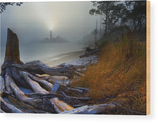 Lighthouse-night Wood Print featuring the photograph Fantasy Art-Sea Fog Island Lighthouse Night-Twisted Roots by Eszra Tanner