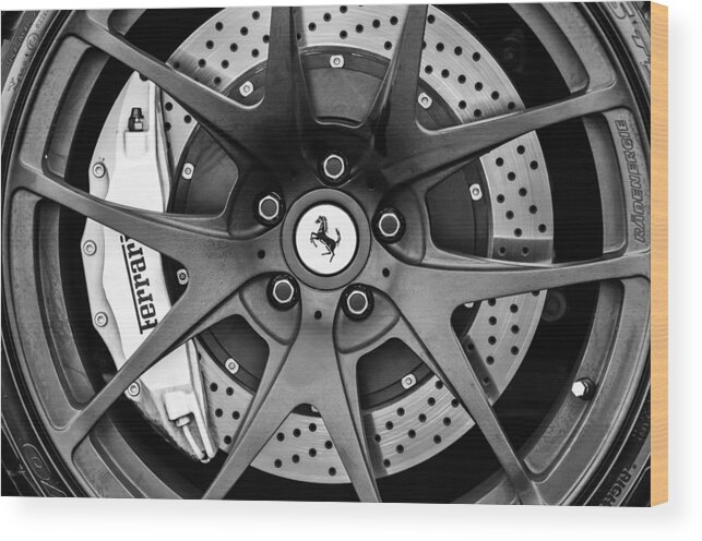Ferrari Wheel Emblem - Brake Emblem Wood Print featuring the photograph Ferrari Wheel Emblem - Brake Emblem -0430bw by Jill Reger