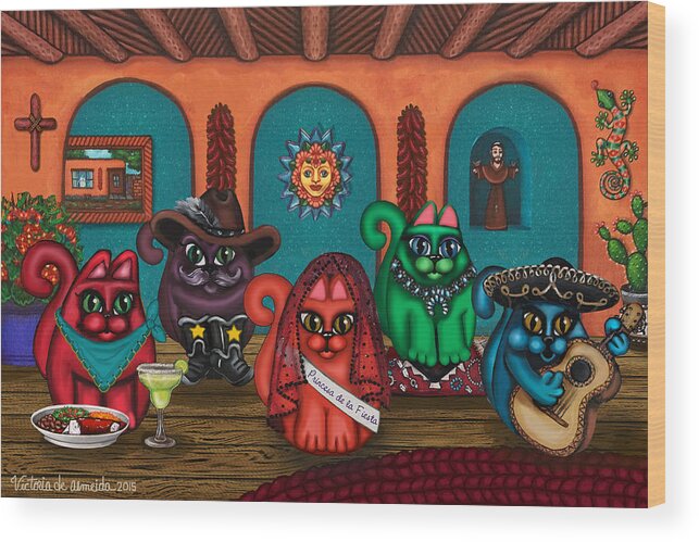 Folk Art Wood Print featuring the painting Fiesta Cats II by Victoria De Almeida