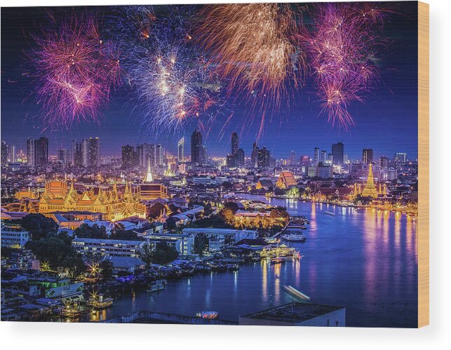 Mother's Day Wood Print featuring the photograph Fireworks Above Bangkok City by Natapong Supalertsophon