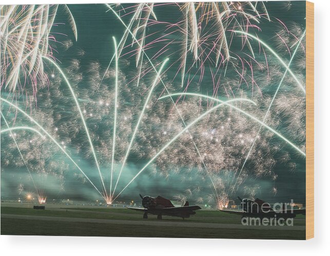 Fireworks Wood Print featuring the photograph Fireworks and aircraft by Paul Quinn