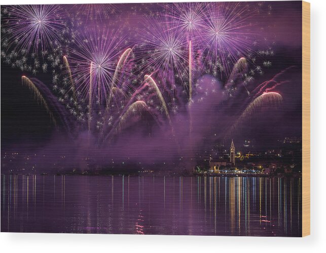 Fireworks Wood Print featuring the photograph Fireworks Lake Pusiano by Roberto Marini