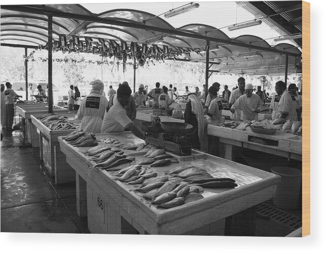 Black And White Photograph Wood Print featuring the photograph Fish Market in Dubai by Maeve O Connell