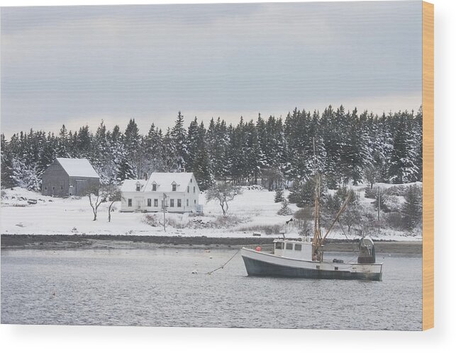 Port Clyde Wood Print featuring the photograph Fishing Boat After Snowstorm in Port Clyde Harbor Maine by Keith Webber Jr