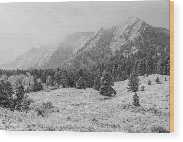 Flatirons Wood Print featuring the photograph Flatirons in Winter - Black and White by Aaron Spong