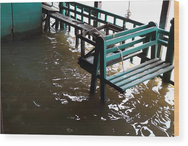 Bangkok Wood Print featuring the photograph Flooded docks of a river boat taxi in Bangkok Thailand - 01133 by DC Photographer