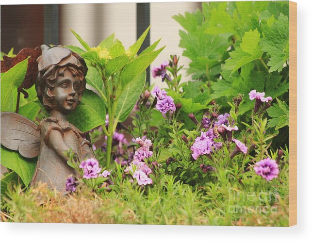 Angel Wood Print featuring the photograph Flower-bed mit an angel statue by Amanda Mohler