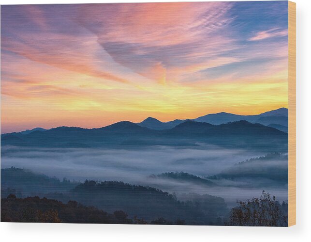 Beautiful Orange Sunrise Wood Print featuring the photograph Fog in the Valley by Victor Culpepper