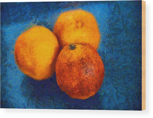 Oranges Wood Print featuring the digital art Food still life - three oranges on blue - digital painting by Matthias Hauser