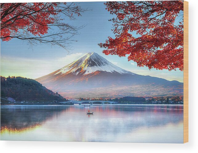 Snow Wood Print featuring the photograph Fuji Mountain In Autumn by Doctoregg