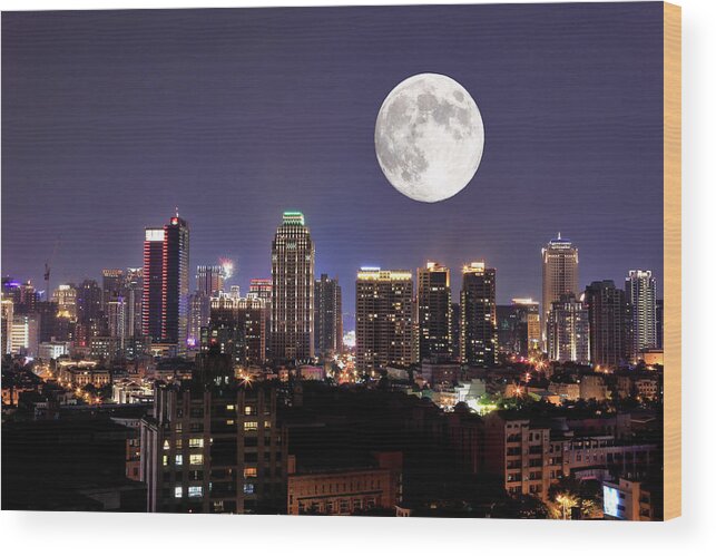 Tranquility Wood Print featuring the photograph Full Moon Upon Lights Of City by Thunderbolt tw (bai Heng-yao) Photography