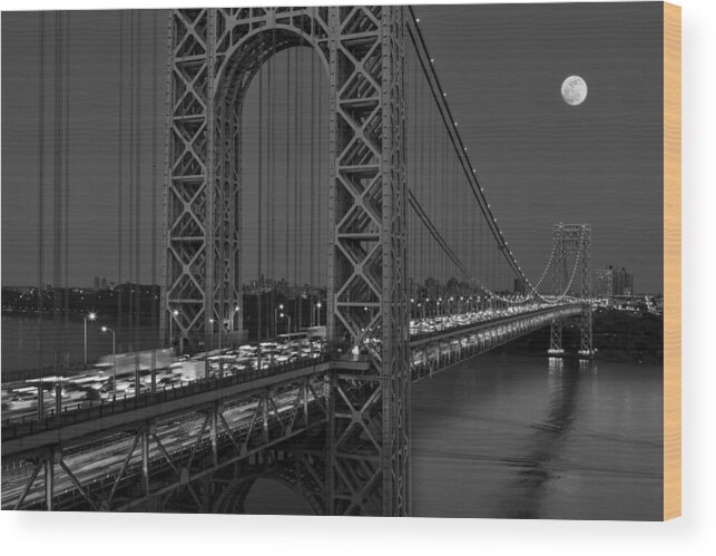 George Washington Bridge Wood Print featuring the photograph George Washington Bridge Moon Rise BW by Susan Candelario