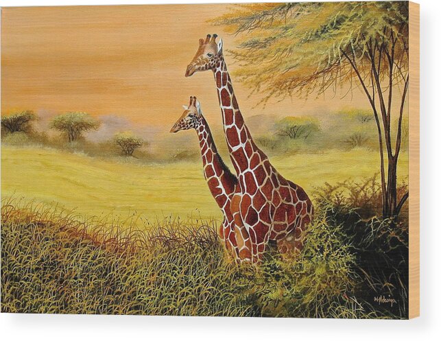 African Paintings Wood Print featuring the painting Giraffes Watching by Wycliffe Ndwiga