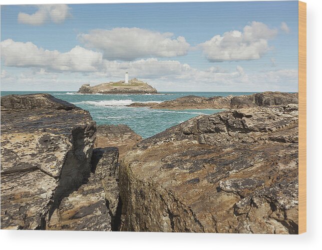 Scenics Wood Print featuring the photograph Godrevy Lighthouse In Cornwall, England by Nick Cable