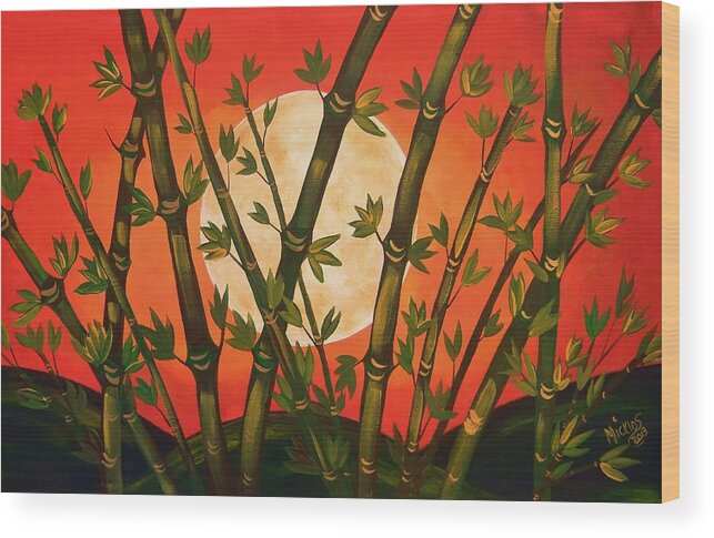 Bamboo Wood Print featuring the painting Golden Bamboo Moon by Cindy Micklos