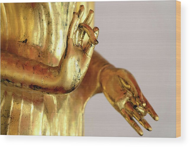 Statue Wood Print featuring the photograph Golden Buddha Hand Close-up by Dangdumrong