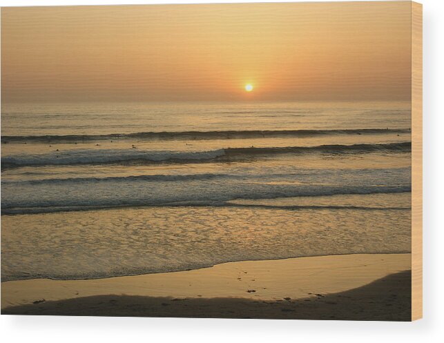 Golden California Sunset Wood Print featuring the photograph Golden California Sunset - Ocean Waves Sun and Surfers by Georgia Mizuleva