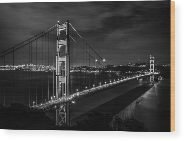 Golden Gate Wood Print featuring the photograph Golden Gate Evening- Mono by Linda Villers