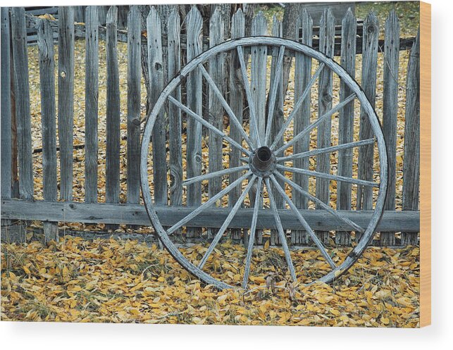 Montana Wood Print featuring the photograph Golden Leaves and Old Wagon Wheel Against a Fence by Bruce Gourley
